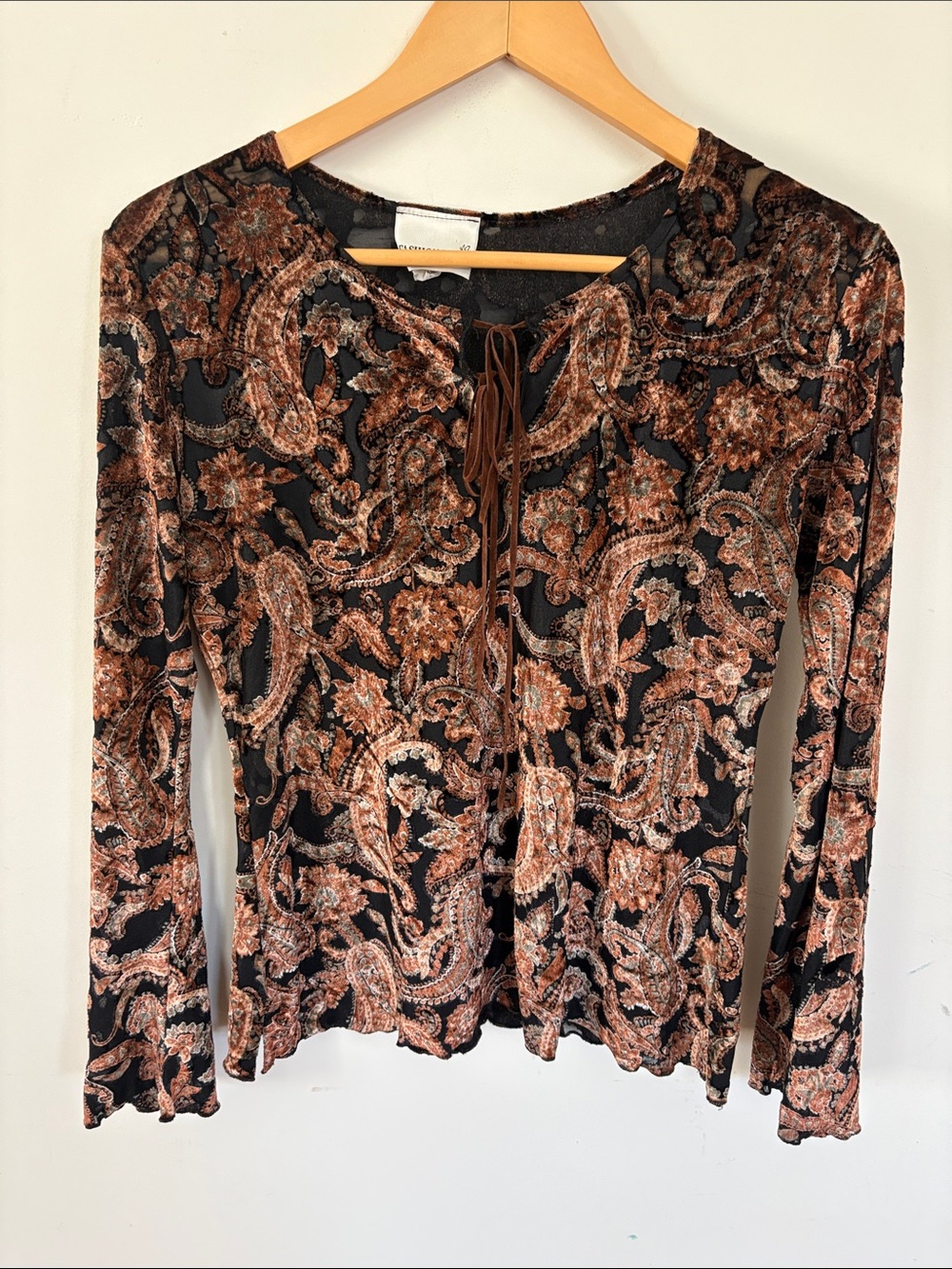 Vintage Fashion Bug - Women’s Black and Brown Paisley Velvet Burnout LS Top